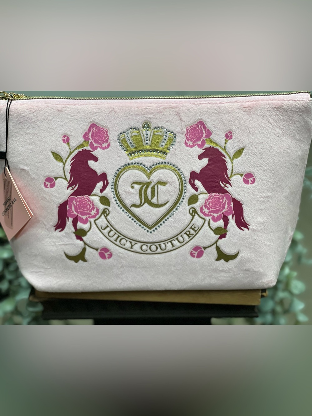 Juicy Couture Pink Plush Floral Cosmetic Bag with Gold Zip